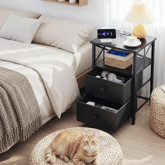 AMHANCIBLE Night Stand Set 2, Black Nightstand with Charging Station, End Tables Living Room with USB Ports and Outlets, Bedside Table with Fabric Drawers for Bedroom, HET05XBK