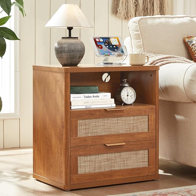 LEYAOYAO Rattan Night Stand with Charger Station, 23" Wide Boho Nightstand with 2 Drawers, Natural Wood Bedside Table Open Storage Cabinet, Bed Side End Tables Dresser for Bedroom, Living Room Hallway