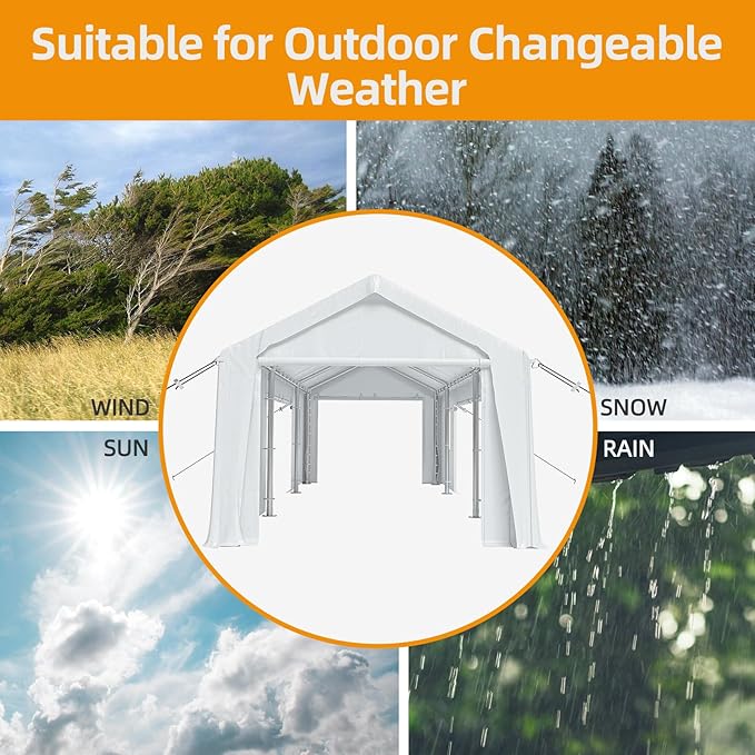 10x20ft Heavy Duty Carport Outdoor Canopy Portable Garage with 4 Doors & 4 Windows Waterproof UV Resistant Storage Shelter with Removable Sidewalls for Car Truck Boat, White
