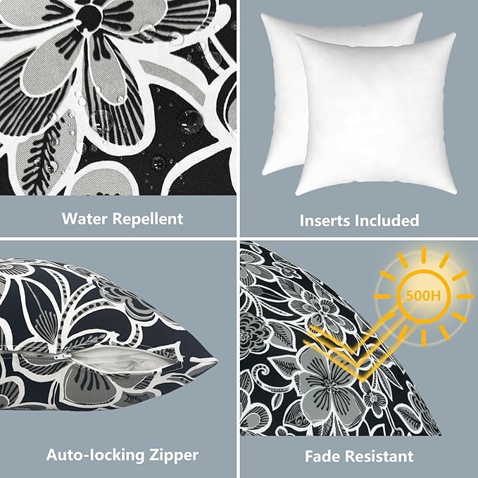 LVTXIII Outdoor Throw Pillows, Decorative Throw Pillows with Inserts, 16"x16" Square Pillows for Bed, Couch, Sofa and Patio Furniture, Set of 2, Flower Black