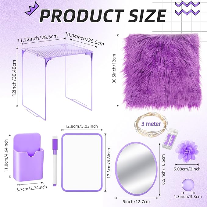 Patelai 11 Pcs Locker Accessories Kit Included Locker Shelf Magnetic Mirror Pen Holder Whiteboard Marker Faux Fur Rug Light String and Magnet for Back to School Essentials (Purple)
