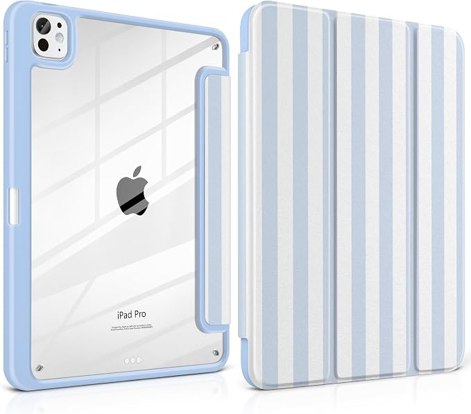 Case for iPad Pro 11 inch M5 2025 /M4 2024 Blue Ribbon Stripe | Blue Ribbon Stripe Folio Case with Clear Back Pencil Holder Trifold Stand and Auto Sleep/Wake for Preppy Aesthetic Users