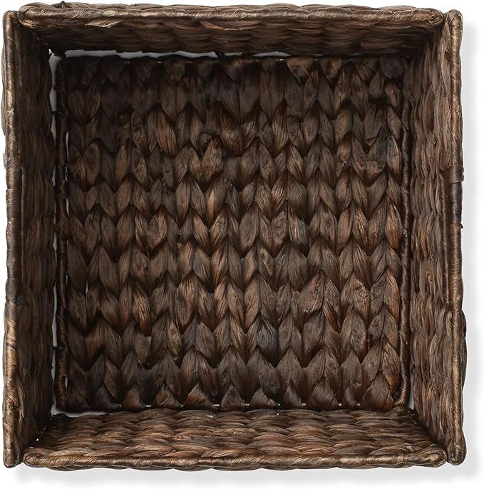 Casafield 10.5" x 10.5" Water Hyacinth Storage Baskets, Espresso - Set of 2 Collapsible Cube Organizers, Woven Bins for Bathroom, Bedroom, Laundry, Pantry, Shelves