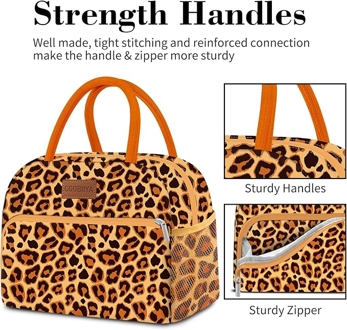 Coobiiya Lunch Bag Women, Lunch Box LunchBag for Women Adult Men, Small Leakproof Cute Lunch Tote Large Capacity Reusable Insulated Cooler Lunch Container for Work/Office/Picnic/Travel-OrangeLeopard