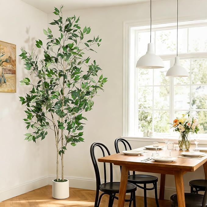 7FT Ficus Trees Artificial Indoor, Faux Silk Plant with Natural Wood Trunk and Lifelike Fruits, White Imitation Ceramic Planter with Green Fake Moss for Modern Home Office Living Room Decor