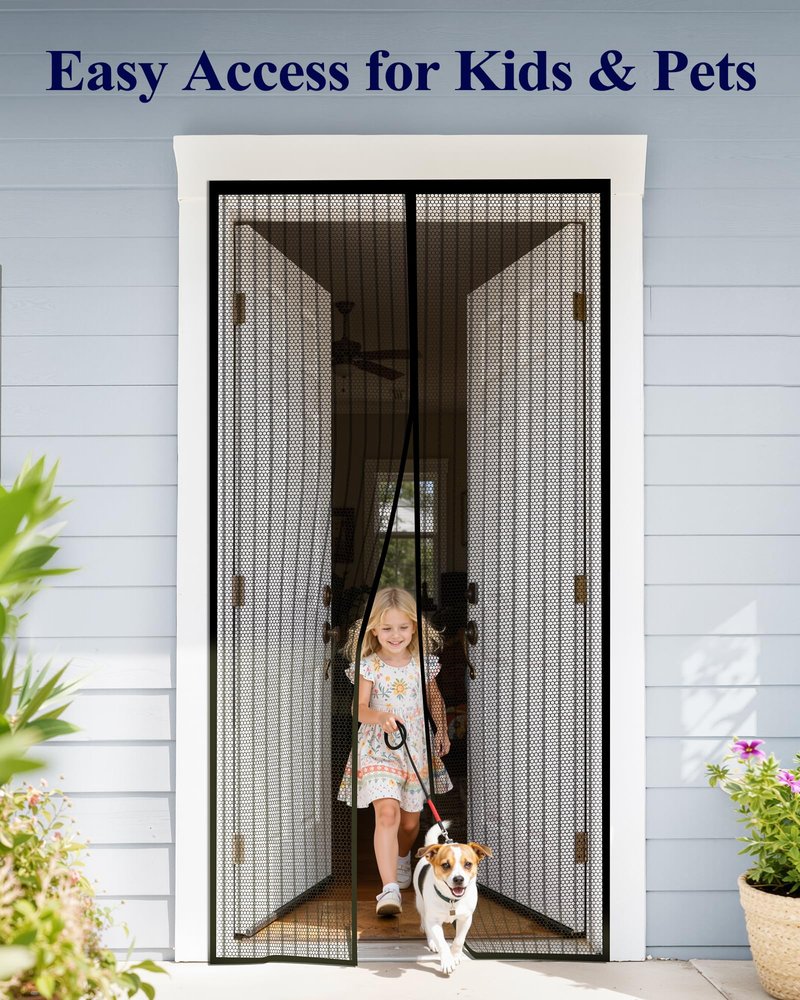 Kitsure Magnetic Screen Door - 38.0'' x 82.0'' Retractable Screen Door Mesh for Entry Door or Sliding Door, Pet & Kid Friendly, Hands-Free Closure Keeps Bugs Out & Lets Breeze in, Stripe Black