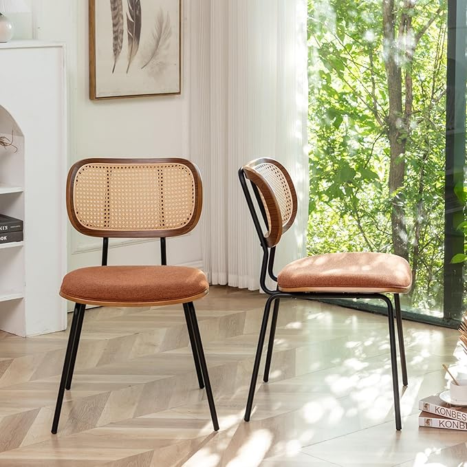 Rattan Dining Chairs Set of 4, Christmas Dining Chairs Mid Century Modern with Cane Back for Kitchen Dining Room, 19 Inch Fabric Orange