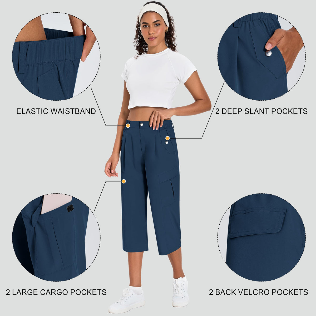 Women's Quick Dry Hiking Pants Lightweight Cargo Capris (N,XL) Navy