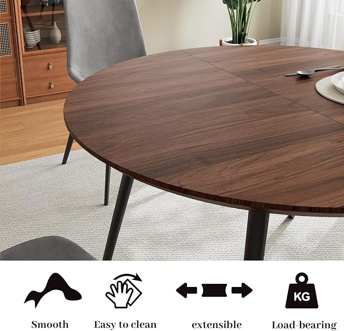43.3"-59.1" Extendable Round Dining Table Set of 6, Mid Century Wooden Round Kitchen Table, Coffee Table for 4-6 Person,6 Gray PU Leather Chair
