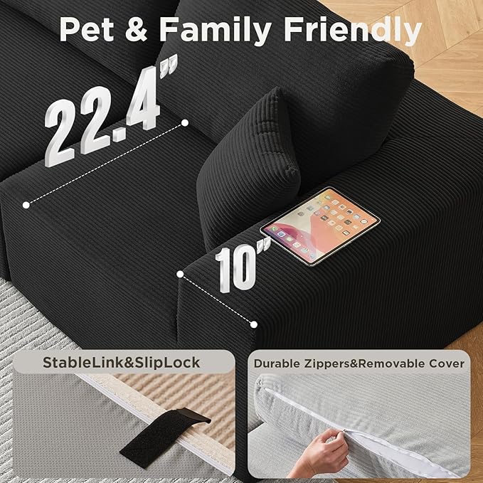 INGEROOM 108" Cloud Sectional Couch with Chaise, Modular L-Shaped Sofa Deep Seat Comfy Corduroy Memory Foam Couch for Living Room Bedroom, No Assembly Required, Black