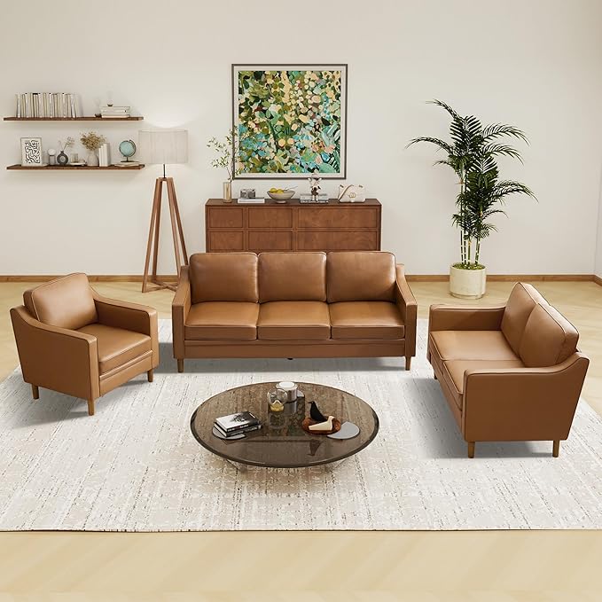 Kingfun Living Room Furniture Sets, Armchair and 2 Loveseat, Mid Century Modern Sofa Set, Faux Leather Couch with Solid Wood Frame for Living Room & Bedroom, Brown