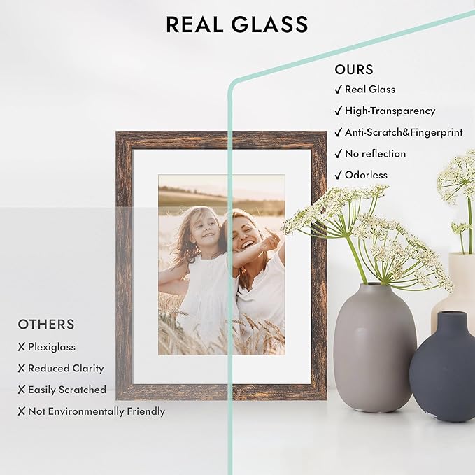 6x6 Picture Frame with Glass, Display Pictures 4x4 with Mat or 6 x 6 without Mat - Wall and Tabletop, 6 by 6 Photo Wooden Frames (Rustic Brown, 1 Pack)
