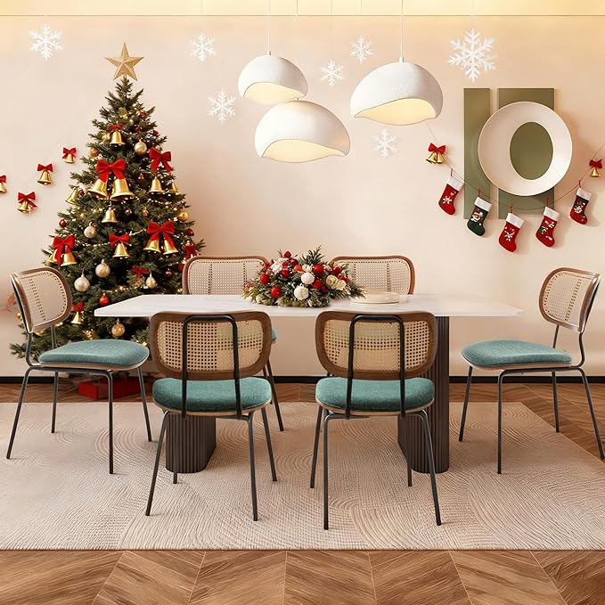 Rattan Dining Chairs Set of 4, Christmas Chair Mid Century Modern Dining Chairs with Cane Back for Kitchen Dining Room, 19 Inch Fabric Green