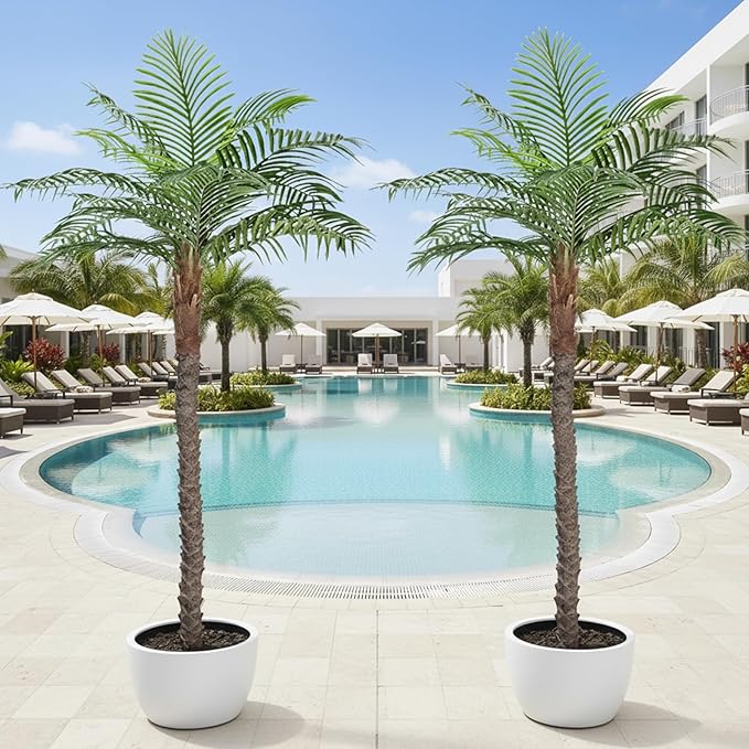 7FT Faux Palm Tree, Artificial Golden Cane Palm Tree Outdoor Indoor, Fake Tree for Home House Office Living Room Yard Patio, 2Pack