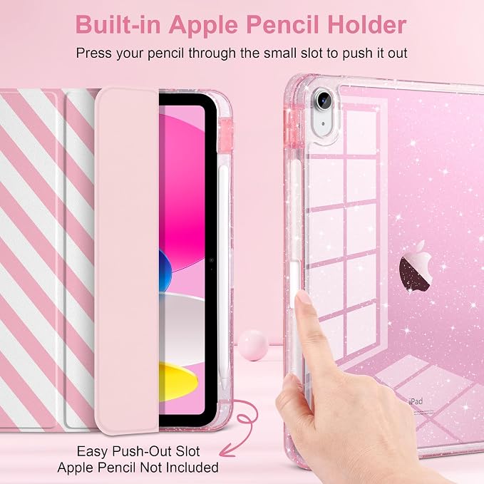 MEEgoodo Case for iPad A16 11th Generation 2025/10th Generation 2022 Glitter Tablet Cases with Transparent Acrylic Back+Trifold Stand +Pencil Holder+Auto Wake/SleepAbstract Sun &amp Palm Tree