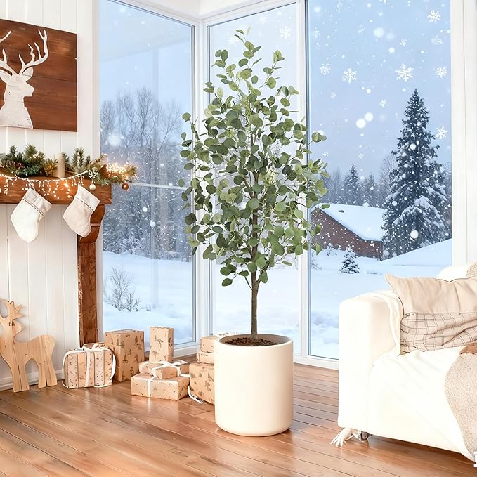 Faux Eucalyptus Tree 5FT Tall Artificial Eucalyptus Tree Indoor Outdoor, Fake Eucalyptus Plant with Green Silver Dollars Silk Leave, Fake Floor Plants, Present for Friend Housewarming Decor