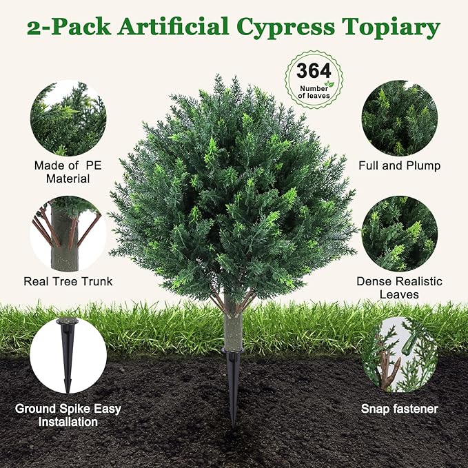 2-Pack Artificial Cypress Topiary Busges :Stake-in UV Resistant & Fade-Proof Topiary with PE Needles for Porch, Garden, Front Yard - Realistic Chartreuse, 25"