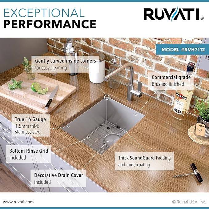 Ruvati 12 x 18 inch Rounded Corners Undermount Bar Prep Sink Tight Raduis - 16 Gauge Stainless Steel Bar Sink Single Bowl with Brushed Finish hides scratches, Easy-to-Clean Undermount Sinks - RVH7112