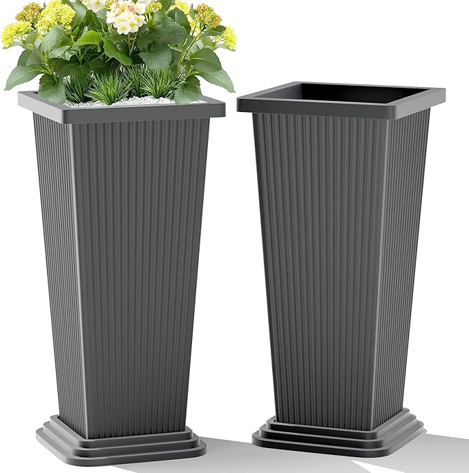 Set of 2 Tall Planters, 24" Large Indoor Outdoor Flower Pots with Tray, Modern Tapered Planters for Porch, Patio, Garden, Backyard