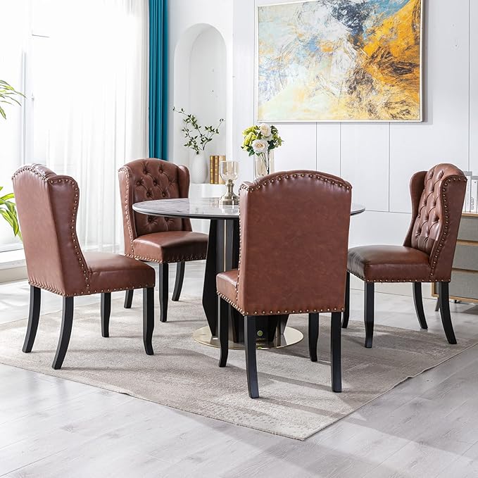 DUOMAY Modern Tufted Dining Chairs Set of 8, PU Leather Upholstered Dining Room Chairs Armless Guest Side Chair for Kitchen Dining Room, Wingback Accent Chairs with Solid Wood, Brown
