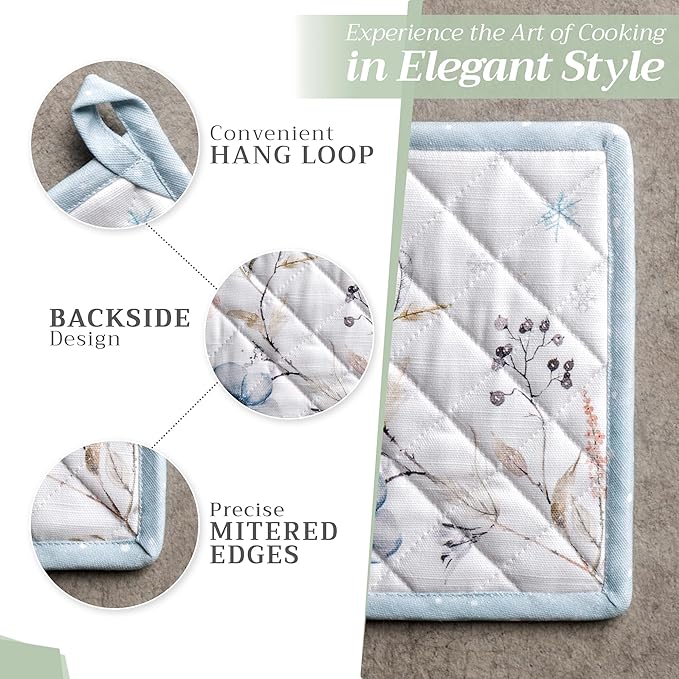Maison d' Hermine Pot Holders Set 100% Cotton Heat Resistant Potholders 8" x 8" Hot Pads with Loop for Thanksgiving Christmas Decorations BBQ Cooking Baking Handling Hot Pans (Pack of 2, Ice Florals)
