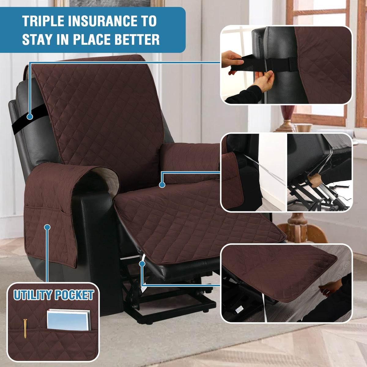 H.VERSAILTEX 100% Waterproof Power Lift Recliner Chair Cover Non Slip Electric Power Lift Recliner Covers for Recliner Chair with Pocket Large Recliner Chair Covers, Brown