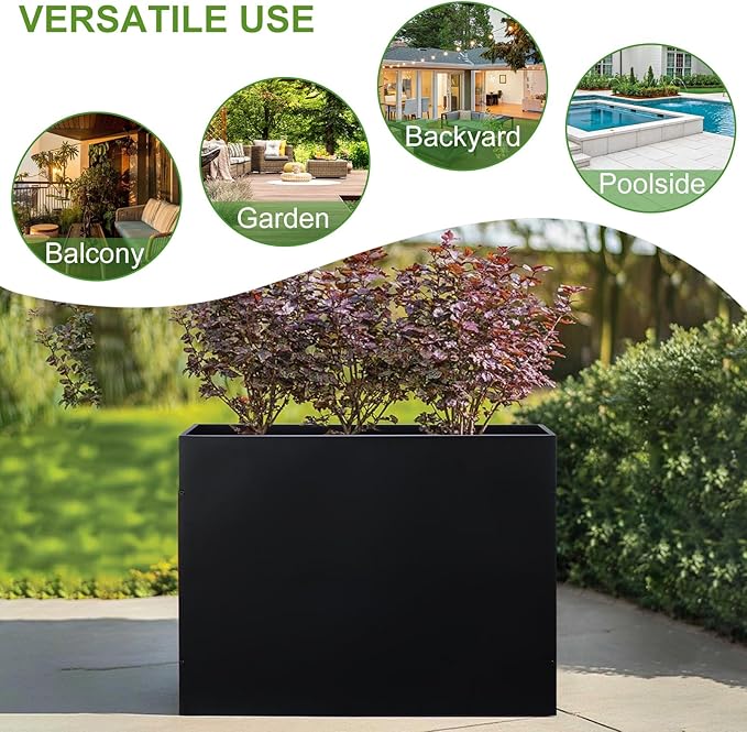 BAYN Metal Rectangular Planter Box Tall Planters for Outdoor Plants Modern Heavy Duty with Drainage Holes for Outside Indoor Patio Deck - Black, 32”x 12”x 24”