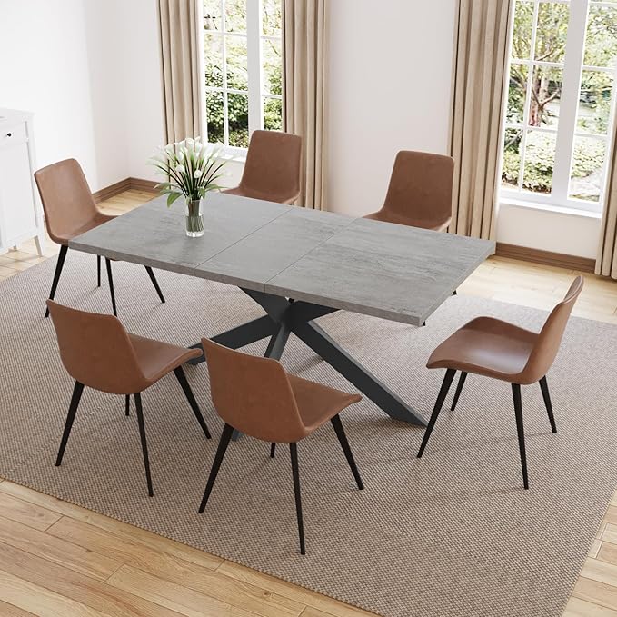 ZckyCine Extendable Dining Table Set for 6-8, 51"-67" Modern Rectangular Kitchen Table with 6 Chairs, Space-Saving Expandable Dinner Table with Sturdy Metal Frame for Dining Room & Apartment Decor