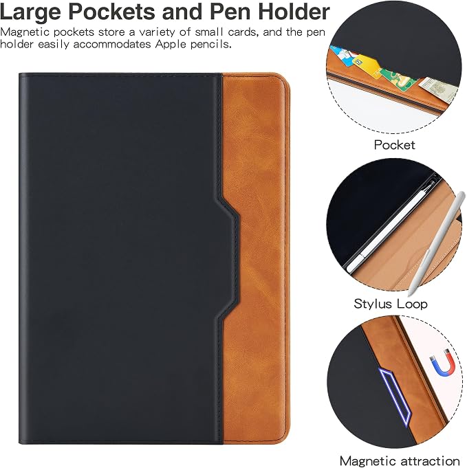 Case for iPad 9th / 8th / 7th Generation (2021/2020/2019) 10.2 Inch Premium Leather Flip Cover Multi-Angle Viewing Stand with Hand Strap Auto Wake Sleep for iPad 10.2Black