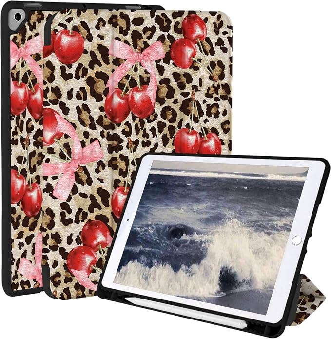 Case for iPad 9th/ 8th/ 7th Generation Case 10.2&amp10.5 Inch (2021/2020/2019 Release) Slim Lightweight Soft Trifold Back Cover with Pencil Holder &amp Auto Sleep/Wake Cover Cherries Cheetah Bows