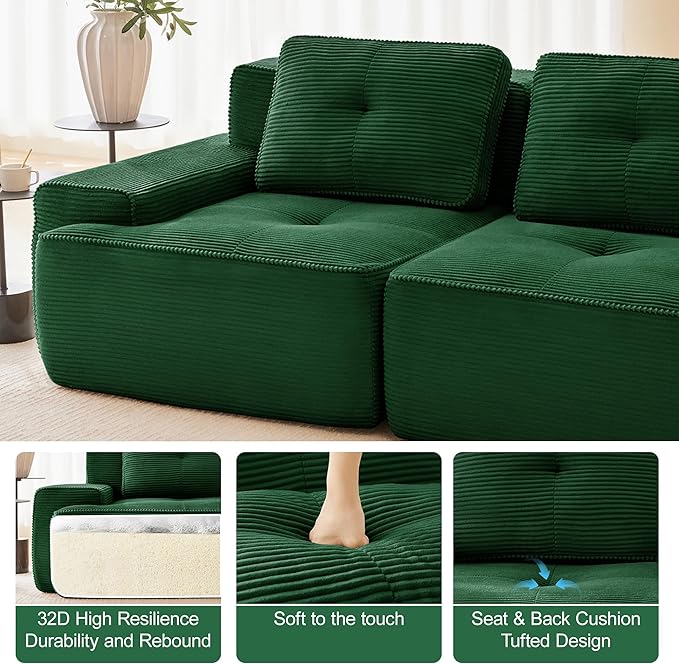 80'' Loveseat Sofa, 32D Foam Corduroy Boneless Couch with Pillow, Deep Seat Wide Arm Sectional Couch for Living Room, Small Spaces, Studio Apartment