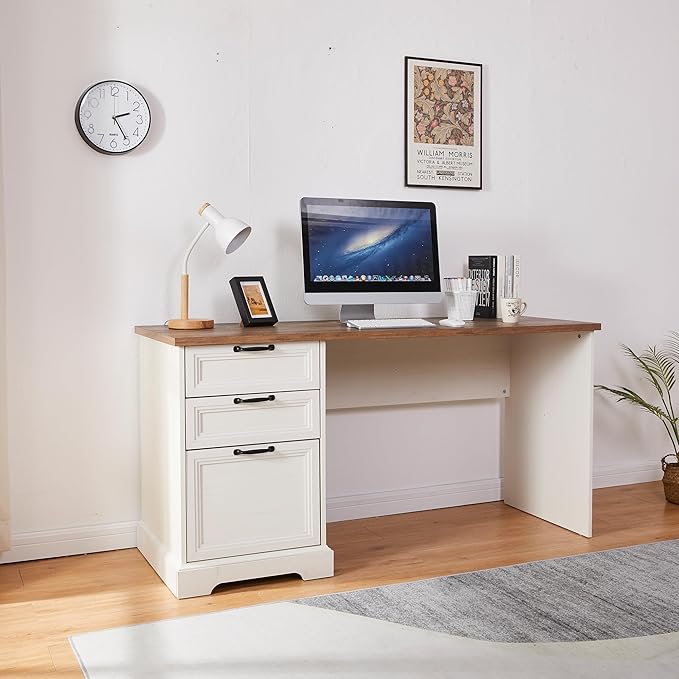 60" Farmhouse Executive Desk with Charging Station,Home Office Desk with 2 Drawers &1 File Cabinet,Wood Work Desk for Office and Home