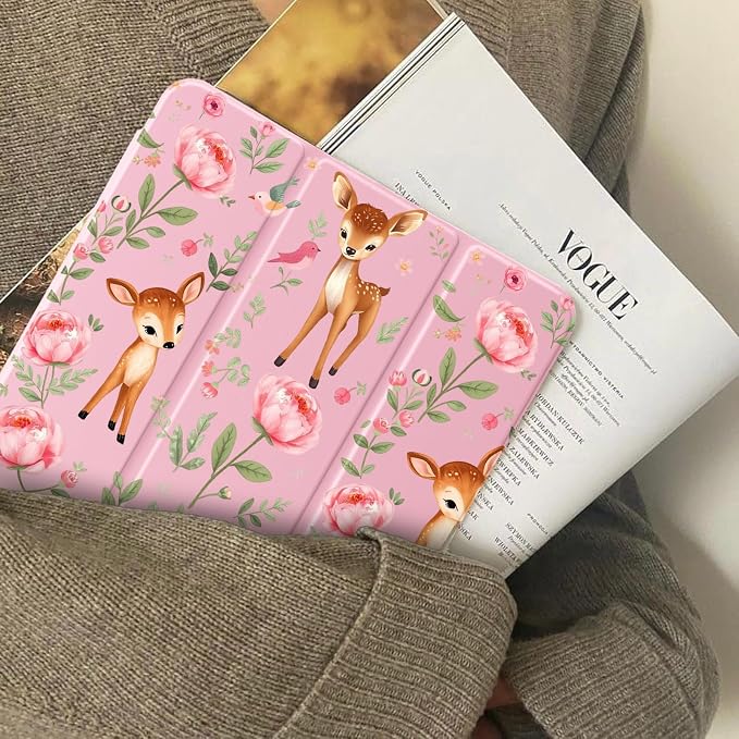 Cute Deer Fawn Rose Flowers Case for iPad 9th/8th/7th Generation | Cute Designs Cover for iPad 10.2 2021/2020/2019 Gen with Pencil Holder | Slim Clear Acrylic Back Auto Sleep/Wake Shell
