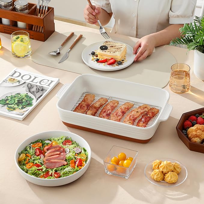 MALACASA Large 9x13 Ceramic Baking Dish with Rack, 4.8 Qt, Khaki & White