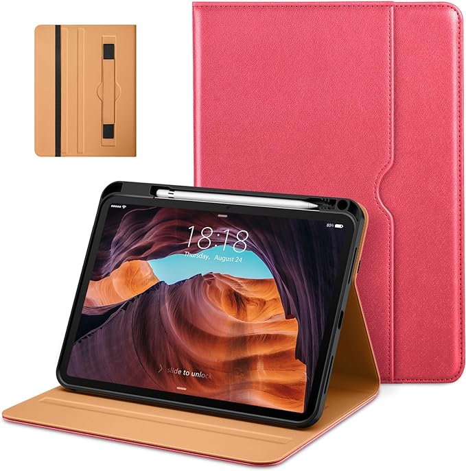 DTTO for iPad (A16) 11th Generation 11-inch &amp 10th Gen Case Brown | Premium Leather Business Cover with Pencil Holder Hand Strap &amp Pocket Corner Protection Auto Sleep/Wake for Work &amp