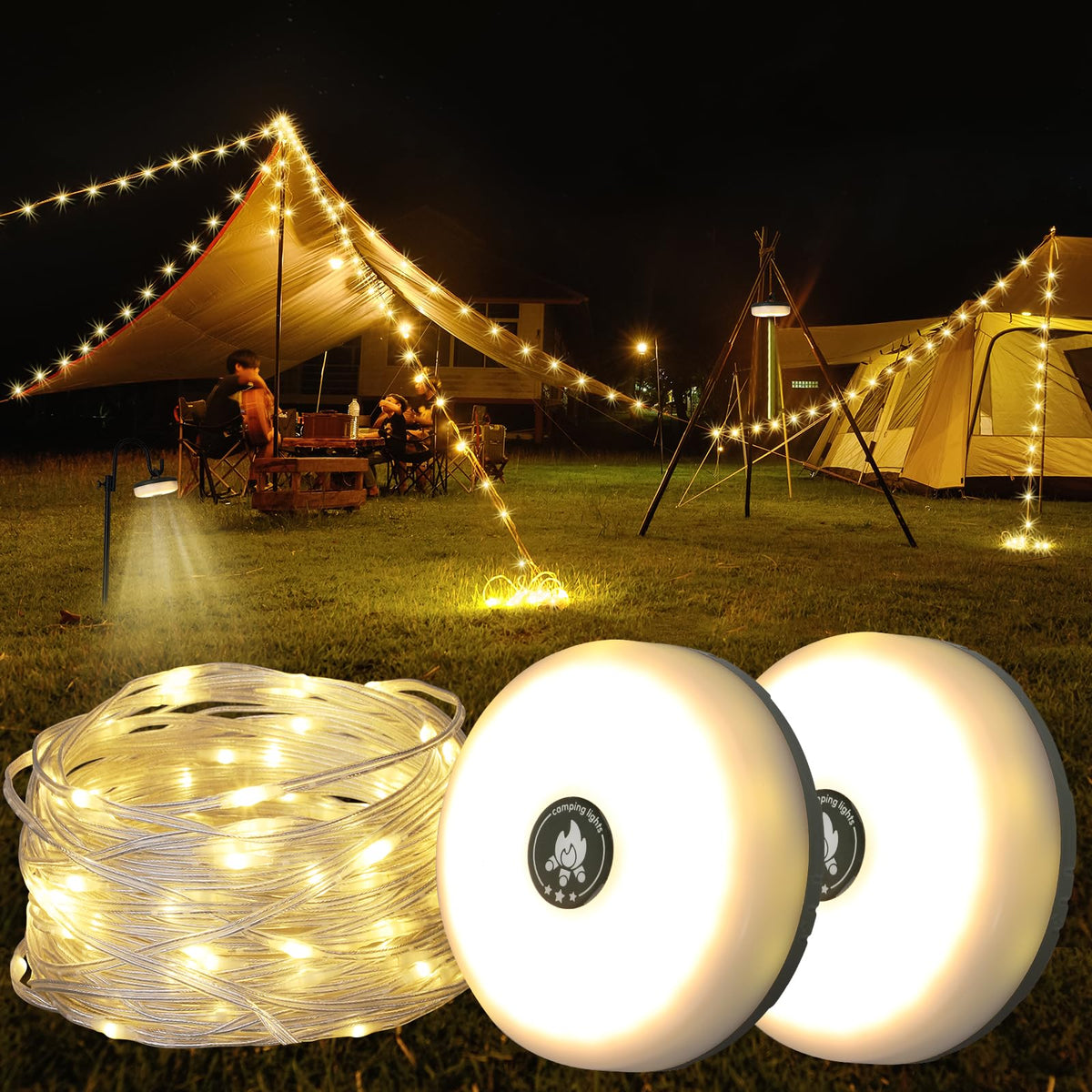 Camping String Lights, Outdoor String Lights with 8 Lighting Modes, Rechargeable String Light Camping 2 in 1, Waterproof Portable Stowable USB Camping Lights for Camping, Yard, Party Decor 32.8 ft
