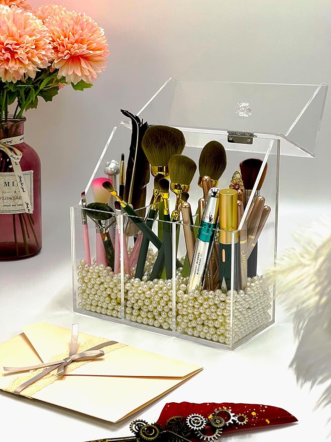 Acrylic Makeup Organizer,Clear Cosmetic Brush Storage Box With 3 Brush Holders,with Dust Cover, Large-capacity Split Design can Quickly Organize the Desktop (with3 bags of white pearls