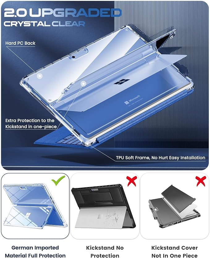 INFILAND Surface Pro 11/10/9 Case Crystal Clear Multi-Angle Shockproof for Microsoft Surface Pro 11th Edition AI 2024 Work with Surface Pro Signature Keyboard &amp Slim Pen 2 Mysterious Black