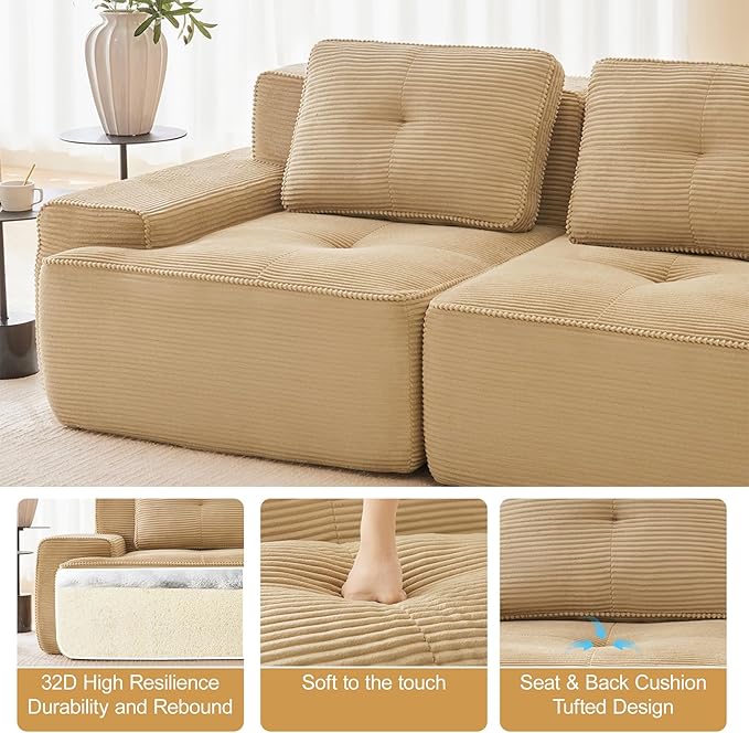 150" Modern Corduroy Cloud Sofa, Boneless Modular Large Sectional Couches for Living Room, Camel 4 Seater Compressed Memory Foam Couch, Extra Deep Seat, No Assembly