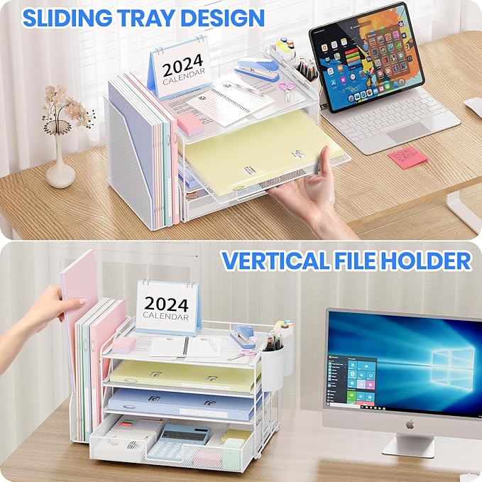 Desk Organizer and Accessories, 4-Tier Desktop File Organizer with Drawer and 2 Pen Holders, Office Desk Accessories for Office Supplies(White)