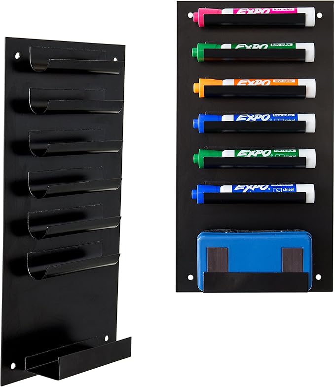 MyGift MyGit Whiteboard Marker Holder 2-Pack Wall Mounted Dry Erase Marker Holder Black 7 Slot Organizer for Markers and Eraser for Classroom Office or Home