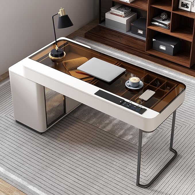 Lartis Office Desk, Very Easy to Assemble, Computer Desk, Home Telescopic Writing Desk, Modern Computer Desk with Retractable Cabinet Built-in LED Lights (Ivory, 50 in)