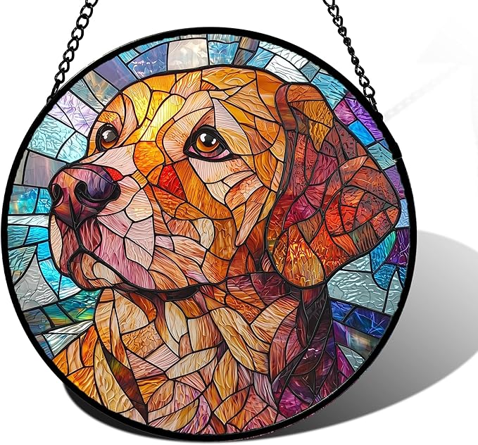 Stained Glass Window Hanging, Cute Dog Abstract Sun Catchers Colorful Glass Panel Texture Suncatcher Decor for Birthday for Women, Men, Wife, Aunt, and Mom 6.3 in