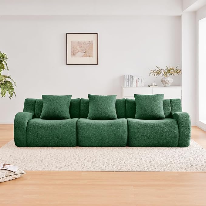 Green 3-Seater Cloud Couch, Modern Teddy Fabric Boneless Sectional Sofa in a Box for Living Room, Modular Floor Couch, Deep Seat, No Assembly Required, Sofas para Sala