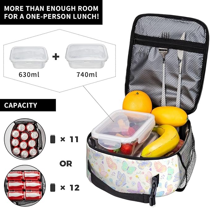 Watercolor Butterflies Insulated Lunch Bag,Kids Lunch Box For Girls Boys Teen,Kid Lunch Box Cooler Bag With Front Pocket For Women Men,Reusable Lunch Tote Bag Lunchbox For School/Work/Picnic/Office