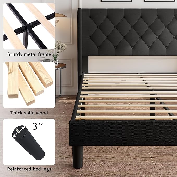 iPormis Full Size Platform Bed Frame with Button Tufted Headboard, Upholstered Bed Frame with Solid Wooden Slats, 8" Underbed Space, No Box Spring Needed, Noise Free, Easy Assembly, Black