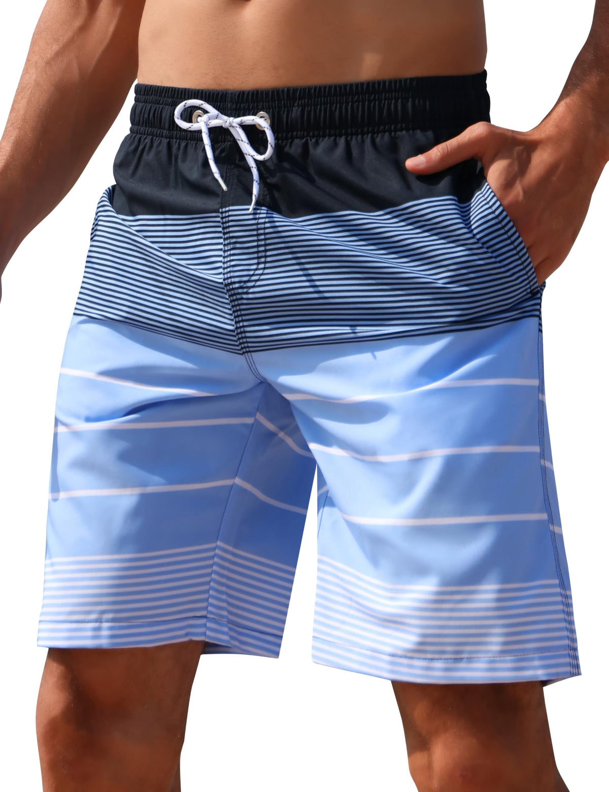 ELETOP Men's Swim Trunks Quick Dry Bathing Suit Swimming Board Shorts Mesh Lining Beach Swimwear Stripe Blue S