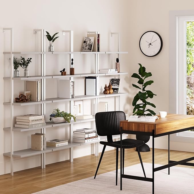 Nathan James Theo 5-Shelf Modern Bookcase, Open Wall Mount Ladder Bookshelf with Industrial Metal Frame, White, Set of 4
