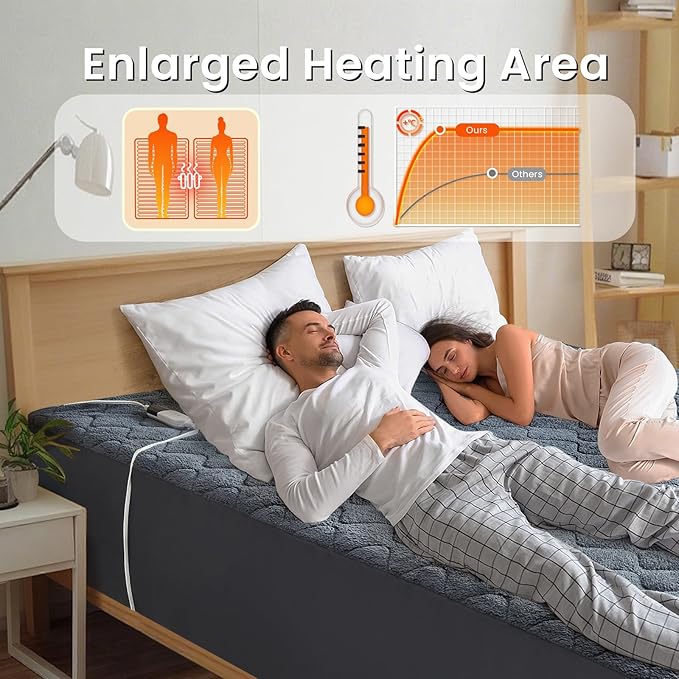 California King Size Heated Mattress Pad Sherpa Electric Mattress Pads Electric Bed Warmer Fit up to 21" with 6 Heat Settings Dual Controller 10 Hours Auto Shut Off, Dark Gray