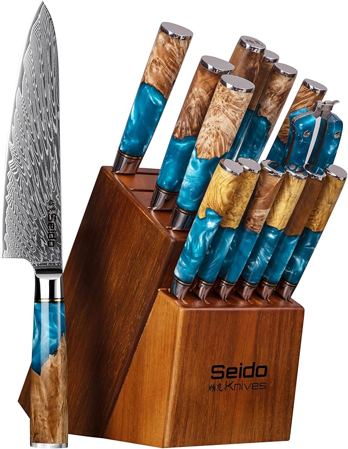 Seido Executive 16-Piece VG-10 Damascus Knife Block Set, Acacia Block
